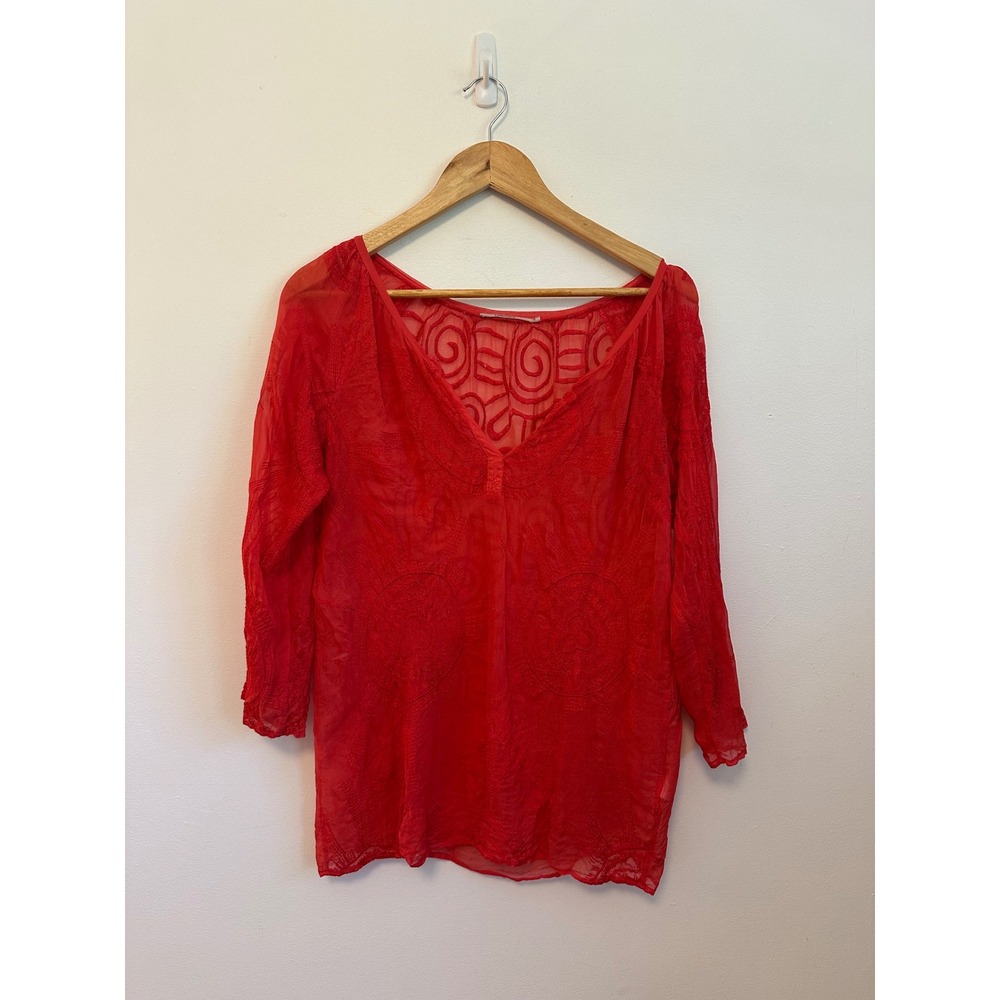 Language Red 100% Silk Embroidered V-Neck Sheer Blouse | Size Small
